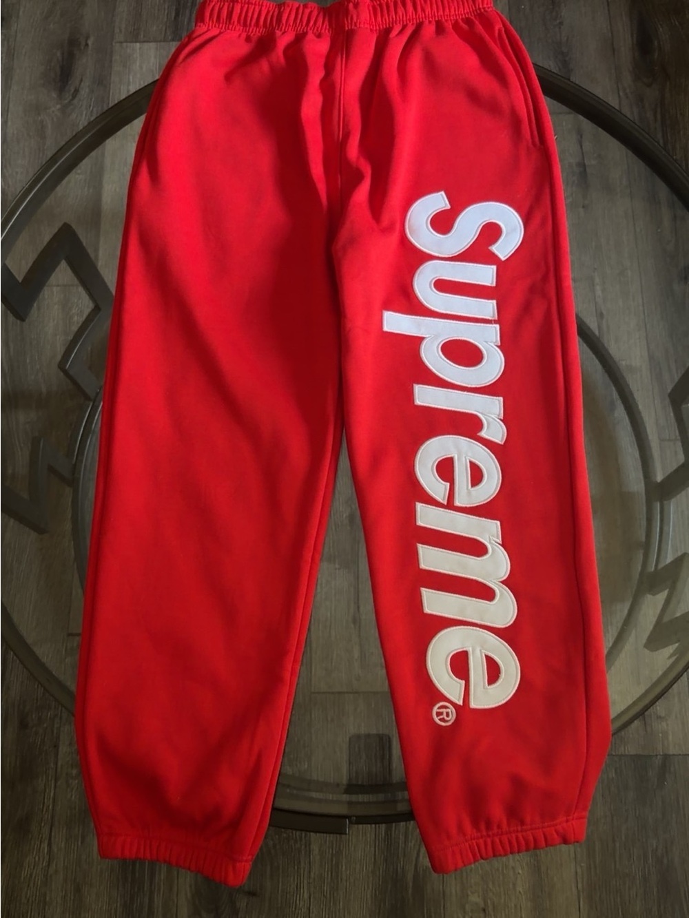 Supreme Red Joggers with White Vertical Logo
